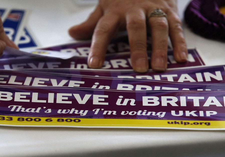 United Kingdom Independence Party (UKIP) stickers are displayed for sale at the party's spring conference in Bolton, Britain, February 17, 2017.
