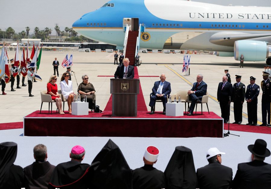 US President Donald Trump (C) speaks during a welcoming ceremony upon his arrival at Ben Gurion International Airport in Lod near Tel Aviv, Israel May 22, 2017