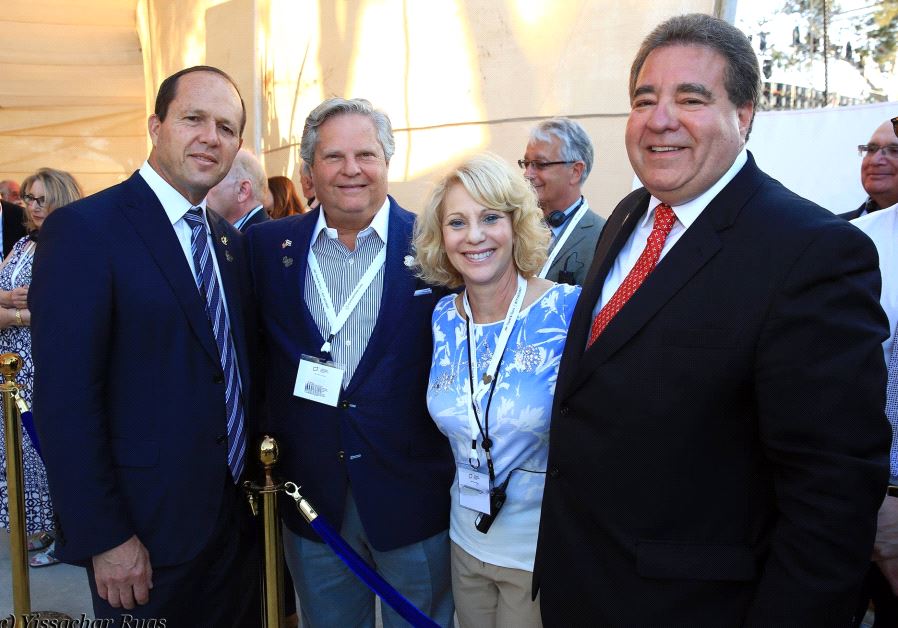Ahead of the festive Jerusalem Day ceremony on Ammunition Hill, the city's mayor, Nir Barkat, poses with incoming JNF-USA President Dr. Sol Lizerbram, San Diego Regional President Lauren Lizerbram, and JNF-USA CEO Russell F. Robinson on Wednesday