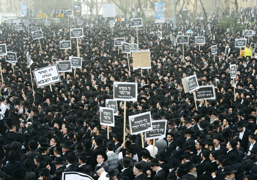 Ultra-orthodox Jews gather for a mass prayer in protest to the government’s army conscription laws in Jerusalem in 2014