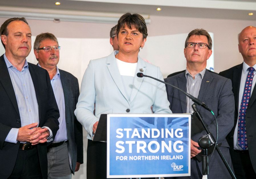 Leader of the Democratic Unionist Party (DUP) Arlene Foster addresses journalists in Belfast.