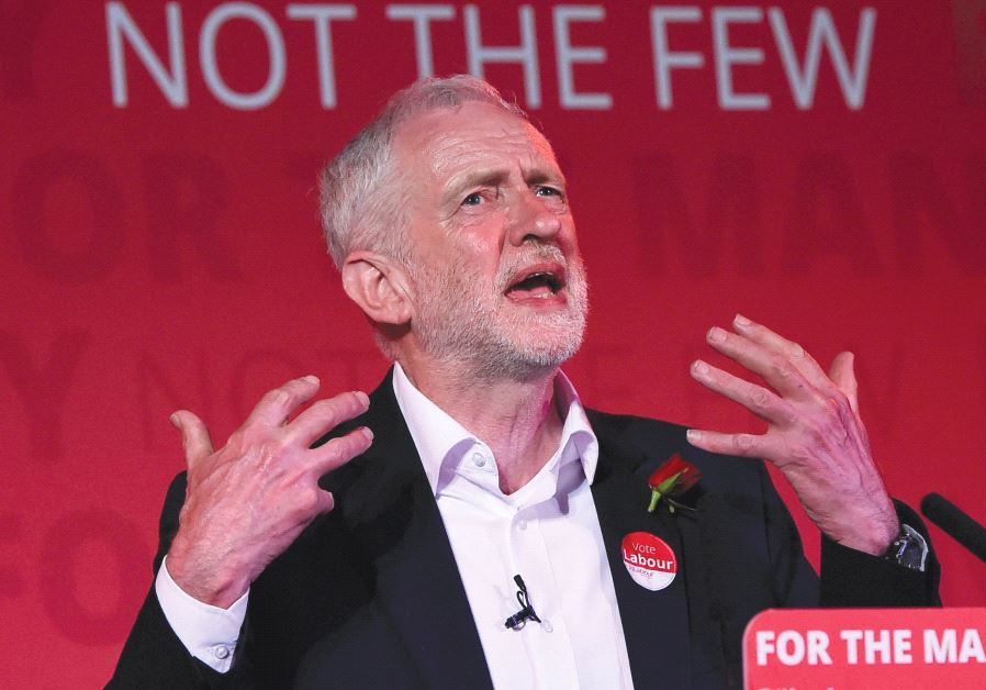 JEREMY CORBYN, leader of Britain’s opposition Labour Party, speaks at his closing election campaign rally in London on June 7. British Jews need to start seriously considering making aliya, according to the author