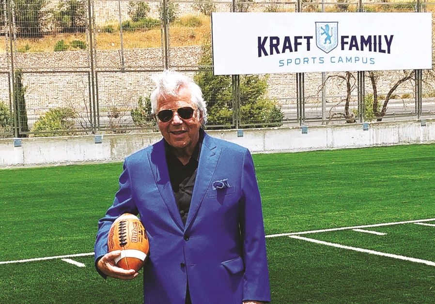 Robert Kraft poses on the 30-yard-line of the regulation-size football field at the newly inaugurated Kraft Family Sports Campus in Jerusalem. The New England Patriots owner wrapped up his star-studded Touchdown Israel II trip yesterday.