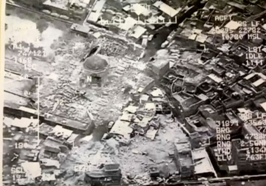 A still image taken from video shows the destroyed Grand al-Nuri Mosque of Mosul in Iraq, June 21, 2017