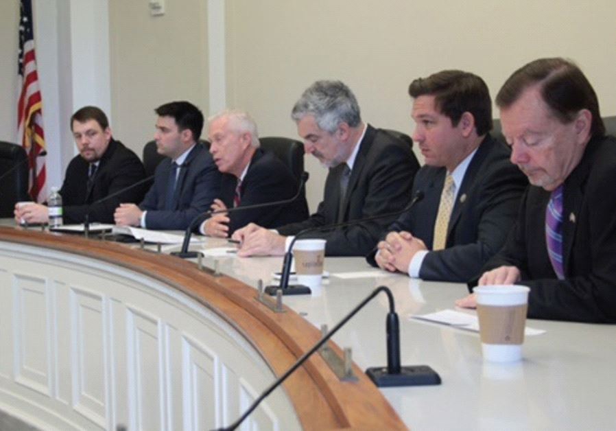 MEF President Professor Daniel Pipes (third from right) and MEF Director Gregg Roman (left), Rep. Ron DeSantis (second from right) and Rep. Bill Johnson (third from left) participate in the Congressional Israel Victory Caucus in April