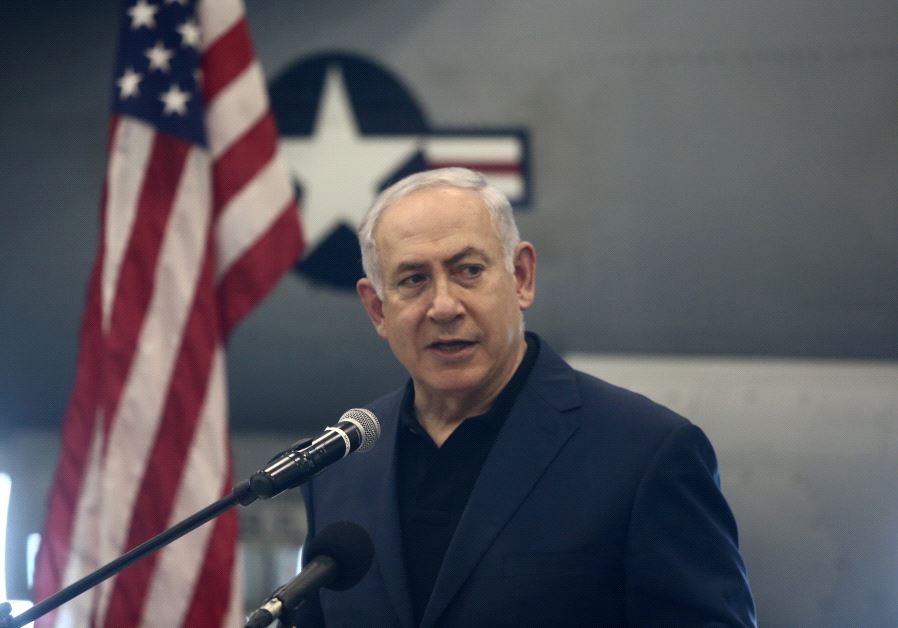 Prime Minister Benjamin Netanyahu aboard the USS George H.W. Bush docked in northern Israel's Haifa Port, July 3, 2017