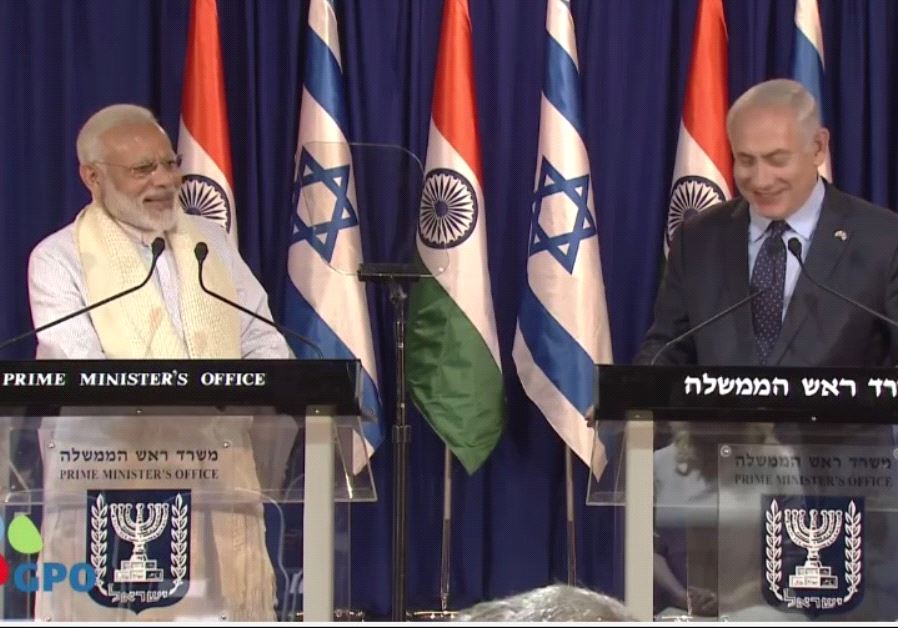 Indian Prime Minister Narendra Modi and Israeli Prime Minister Benjamin Netanyahu at Netanyahu's Jerusalem Residence, July 4, 2017