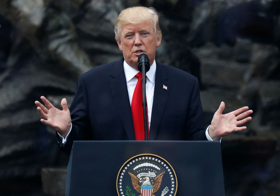 US.President Donald Trump gestures as he gives a public speech at Krasinski Square in Warsaw, Poland July 6, 2017