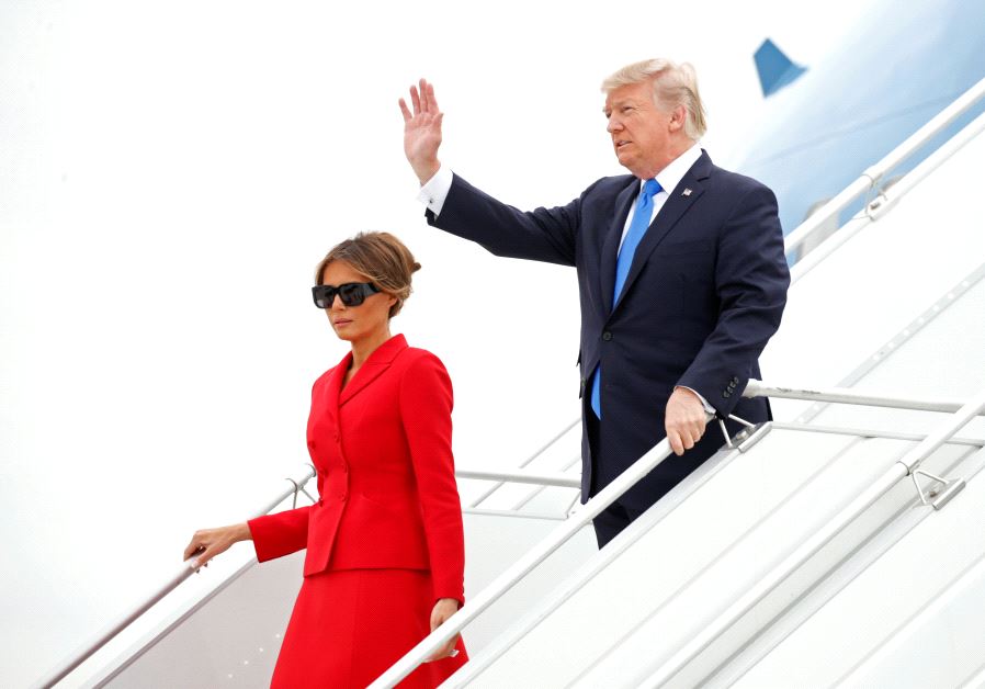 US President Donald Trump and First Lady Melania Trump arrive aboard Air Force One at Orly airport near Paris, France, July 13, 2017