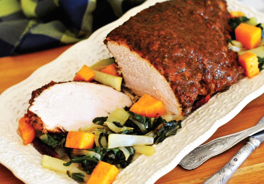 Spicy turkey on a bed of Swiss chard and pumpkin
