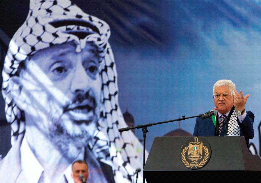 Abbas gestures during a speech in Ramallah last year marking the 12th anniversary of terrorist leader Yasser Arafat’s death