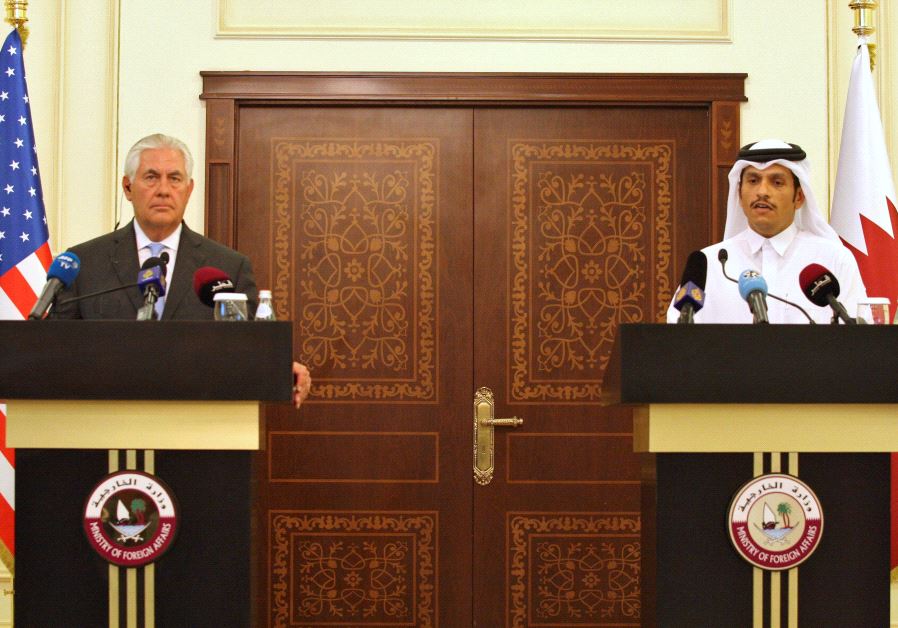 Qatar's foreign minister Sheikh Mohammed bin Abdulrahman al-Thani (R) and US Secretary of State Rex Tillerson attend a joint news conference in Doha, Qatar, July 11, 2017
