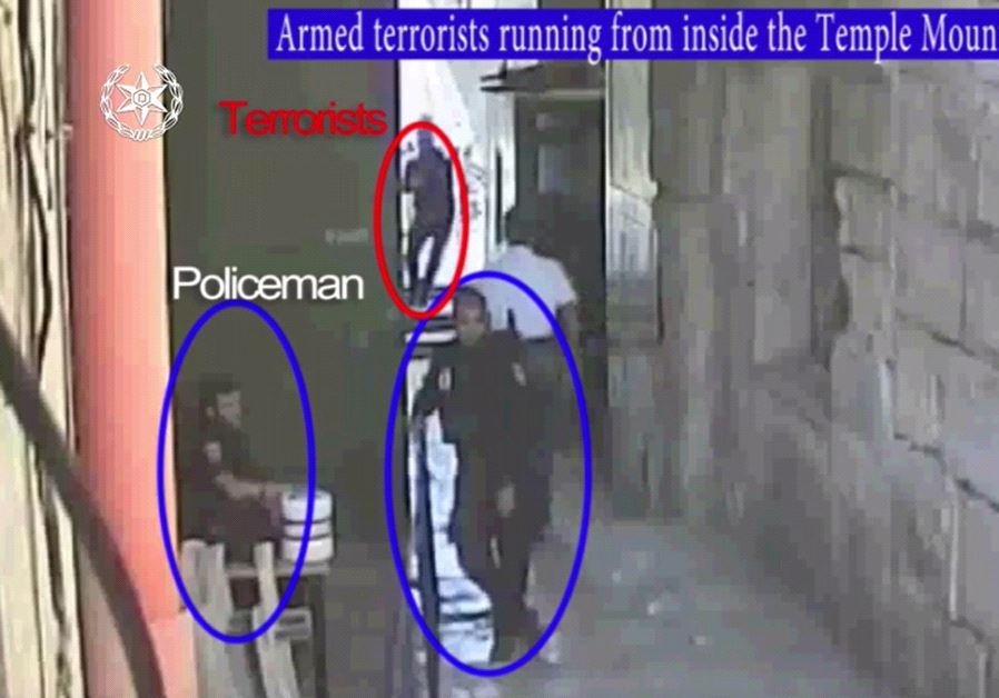 Screenshot of footage released by Israel Police of the terror attack on Temple Mount, July 14, 2017.