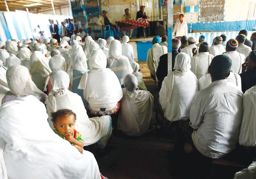 MEMBERS OF the Falash Mura Jewish Ethiopian community attend a prayer service at the HaTikvah Synagogue in Gondar, northern Ethiopia, last September